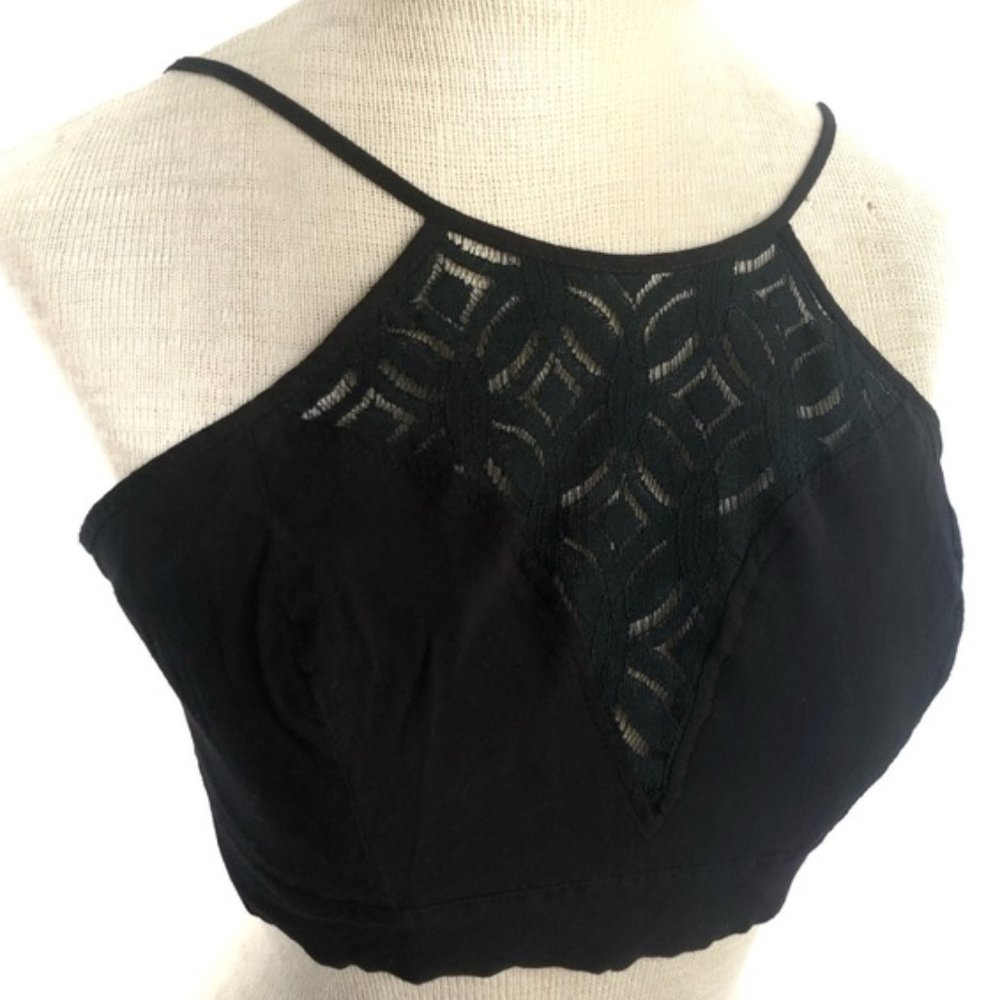 Hommage From Los Angeles Lace Inset Tie Back Crop Top in Black Size Medium - Picture 9 of 10